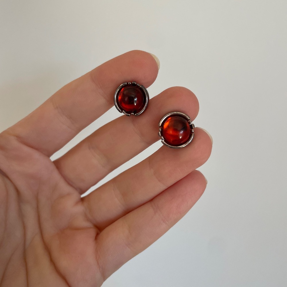 VINTAGE‎ Amber Stud Earrings, Sterling Silver, Round Cabochon